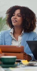 Poster - Tablet, discussion and business women in office with creative planning, idea or brainstorming. Technology, documents and female designers with meeting for magazine publishing with paperwork at agency