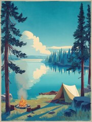 Poster - Serene Lakeside Camping With Tent and Firepit Under Clear Sky in Tranquil Nature Setting