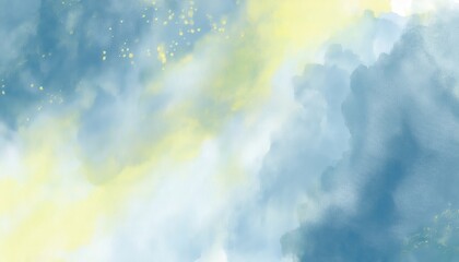 Poster - ethereal watercolor sky texture with soft blue clouds and golden mist for web background, print design, branding element, or abstract art wallpaper

