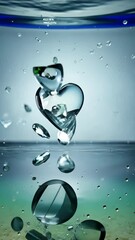 Poster - A glass is shattered into many pieces. The pieces are scattered all over the surface. The glass is blue