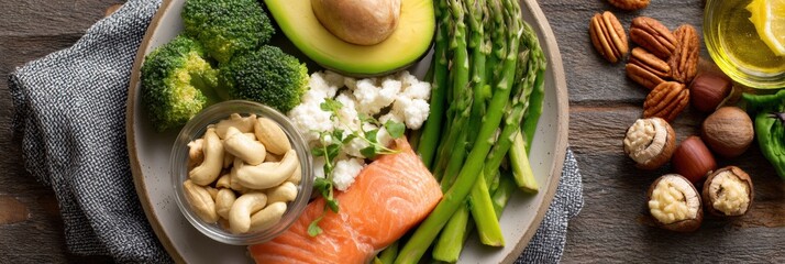 Poster - Kidney-friendly Food Plate Featuring Salmon, Broccoli, Asparagus, Avocado, Nuts, and Cheese on a Wooden Table