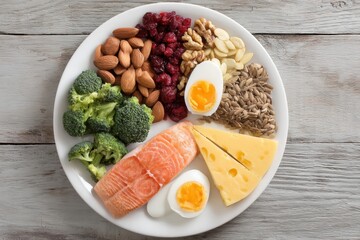 Poster - Kidney-friendly Foods Plated With Salmon, Broccoli, and Nuts for a Nutritious Meal Setup