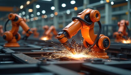 Fototapete - Orange welding robot works in manufacturing industry. Sparks illuminate metal parts during operation. Production line automation using artificial intelligence. Modern tech in factory assembly