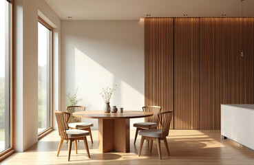Poster - Modern minimalist dining room design. Wooden table chairs with white cushions, natural light from window. Scandinavian style with wooden wall panel decor. Light airy home interior.