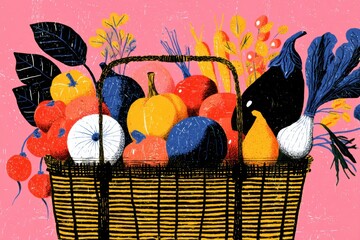 Poster - Colorful Farmers Market Basket Filled With Seasonal Produce on Bright Background