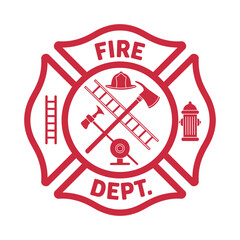 Poster - Red Fire Department Maltese Cross Emblem with Firefighting Equipment Icons on White Background for Emergency Services and Public Safety Design Projects