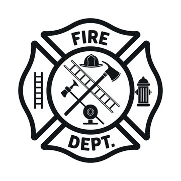 Fire Department Maltese Cross Emblem with Ladder Axe Hydrant and Helmet in Black and White for Graphic Design