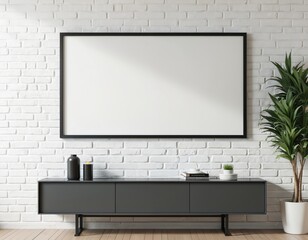 Aufkleber - Empty picture frame on white brick wall in modern living room. Mockup interior in minimalist, contemporary style. Free space for picture, poster, art. Console, plant, candle, home decor.