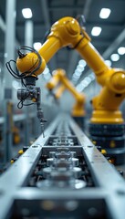 Fototapete - Industrial robot arm on production line in factory. Modern tech automation, machine building, engineering concept. Futuristic robotic equipment in workshop, manufacturing process.