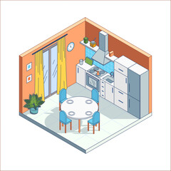 Poster - Cartoon Color Kitchen Room Interior Inside with Furniture Concept 3d Isometric View Line Elements. Vector illustration