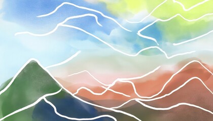Fototapete - abstract watercolor mountain landscape with layered pastel hills and white contour lines for modern web design, print, branding, or digital illustration use