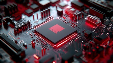 Fototapete - Close-up of a computer processor with red LED lighting on a circuit board.