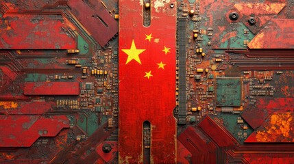 Fototapete - Grunge circuit board with China flag.