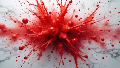 Poster - Abstract red splash on white background. Artistic image of liquid bursting. Bubbles, drips, drops of red paint. Creative design element for art projects.
