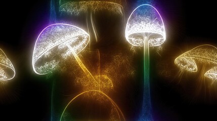 Poster - Glowing Fractal Mushrooms in Vibrant Colors Create an Enchanting Display on a Dark Background