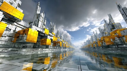Poster - Futuristic Urban Architecture With Colorful Structures Reflecting in Water Under a Cloudy Sky