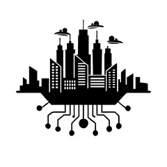 Poster - Futuristic city skyline silhouette with circuit board base vector illustration design