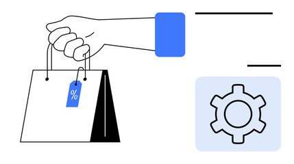 Poster - hand holds a shopping bag with a discount tag alongside a gear icon. ideal for e-commerce, retail, s