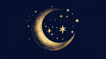 Poster - Golden crescent moon and stars on dark blue background.