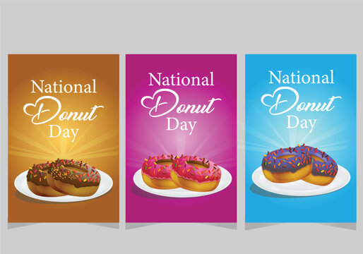Donuts with icing and colorful sprinkles on light backgrounds. National donut day vector illustration poster set.