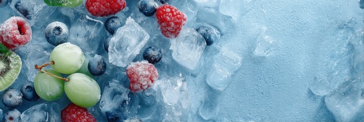 Poster - Promoting Frozen Food Awareness With Clean Typography and Icy Background Featuring Frozen Fruits and Ice Cubes