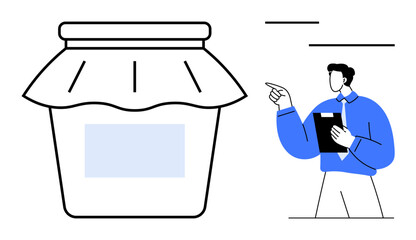 Poster - businessman holding clipboard and gesturing toward a large jar with a fabric cover. ideal for produc