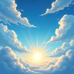Aufkleber - Bright blue sky with fluffy white clouds and sun. Animated illustration of sunny day, heaven atmosphere, sunlight. Nature weather with blue sky, summer day background.