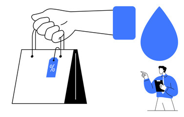 Poster - hand with shopping bag featuring percentage tag, blue drop shape, and pointing office worker. ideal 