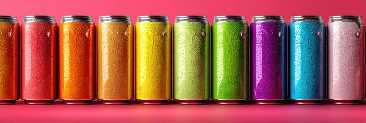 Aufkleber - Beverage Cans Arranged and Ranked by Caffeine Content Showcasing Vivid Colors and Moisture on a Vibrant Pink Background