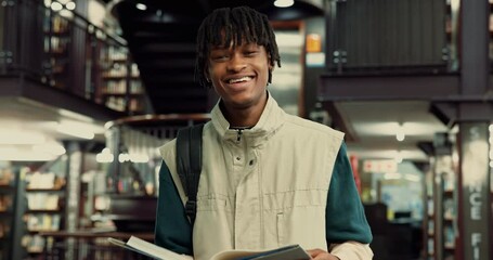 Poster - Face, student and man with book, library or smile for education in university, learn or scholarship. Confident, learner and black person with assignment, laughing and preparing for exam in college