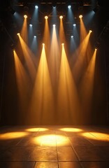 Poster - Dark stage spotlights. Bright lights illuminate scene for concerts, performances, shows. Empty venue for events. Nightlife, entertainment, music concerts. Modern technology, stage design. Stage