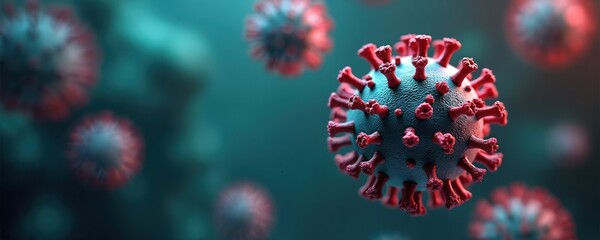 Poster - 3D rendering of Covid-19 coronavirus. Microscopic view of virus in cellular environment. Dangerous infectious disease concept. Medical illustration. Virus spread, pandemic. Copy space background for