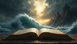 © miss irine - Open book, ocean waves, dramatic sky, biblical prophecy. Revelation story, end times concept, apocalypse illustration. Golden light over water, mountains, religious theme, dramatic art.