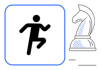 Poster - simplified person running within a square beside chess knight piece. ideal for strategy, action, pla