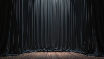 Leinwandbilder - Black curtain stage with wooden floor. Dramatic performance background with dark curtains, wood texture. Theatre interior, performance hall. Empty stage, event backdrop, theater presentation concept.