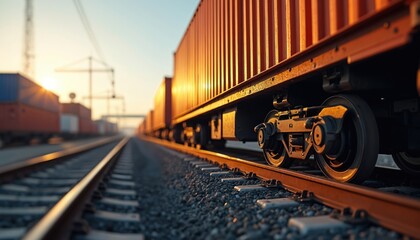 Aufkleber - Freight train transports cargo through industrial rail yard. Dynamic perspective in urban environment. Modern industry concept. Logistics shipping, delivery, efficiency, supply chain. Cargo