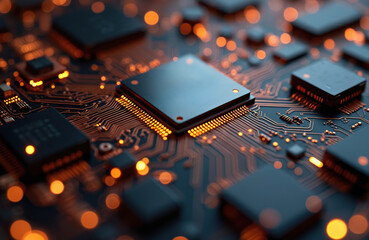 Leinwandbilder - Close-up of quantum computer components. CPU, circuit board, chips, processor, electronic elements. High-tech background. Data processing tech. Modern data center, artificial intelligence, cloud