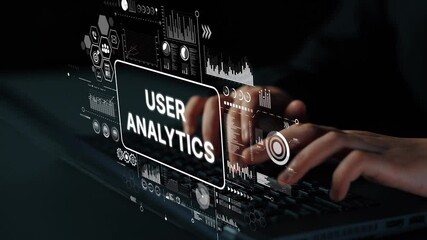 Fototapete - hands typing on laptop while data visualization and user analytics concept overlay create a modern t