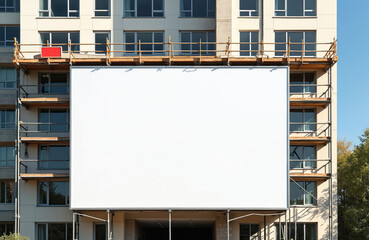Poster - Blank white advertising board on modern building under reconstruction. Empty billboard hanging on the scaffolding. Construction site, commercial space for promotion, announcement.