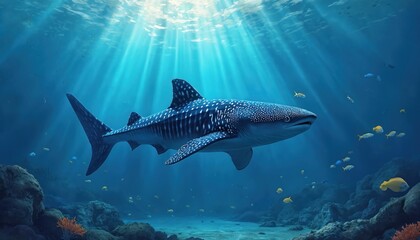 Aufkleber - Whale swims underwater, majestic ocean creature, deep blue sea. Sunlight rays, tropical coral reef ecosystem. Artwork illustration, marine life, aquatic animal, diving, snorkeling. Conservation,