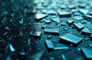 Aufkleber - Fragmented glass surface with scattered pieces. Blue hues create reflective textures, shattering, destruction, impact. Modern minimalist design, perfect for backgrounds, art installations, digital