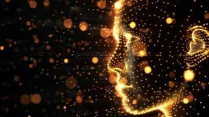 Poster - Abstract digital composition with golden glowing particles, wave-like dot structures and bokeh effect on dark background