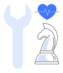 Poster - large wrench, blue heart with pulse line, and chess knight emphasize repair, wellness, and strategy.