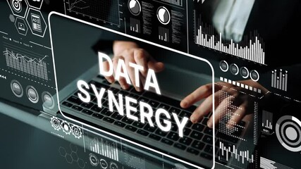 Poster - hands typing on laptop with data visualization and analytics graphics representing data synergy in b