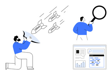 Poster - individuals use a shield to block ddos missiles, magnify threats, and analyze data on a dashboard. i