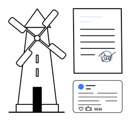 Poster - windmill next to signed document and social media post details. ideal for sustainability, renewable 