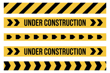 Poster - Set of Yellow and Black Warning Tapes with Different Patterns and Under Construction Text Isolated on a White Background for Safety and Security