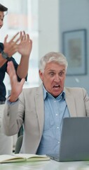Aufkleber - Winner, high five and laptop with people in meeting for bonus, success and marketing campaign. Achievement, celebration and cheering with employees in office for branding project and surprise