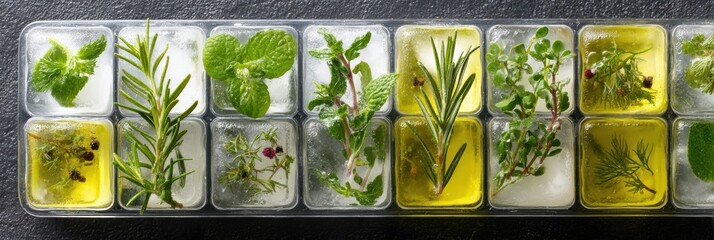 Poster - Herbs and Oil Frozen in Ice Cube Tray for Flavor-Enhancing Culinary Storage
