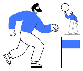 Poster - person sprinting toward a goalpost with a flag, another individual holding a round placard. ideal fo